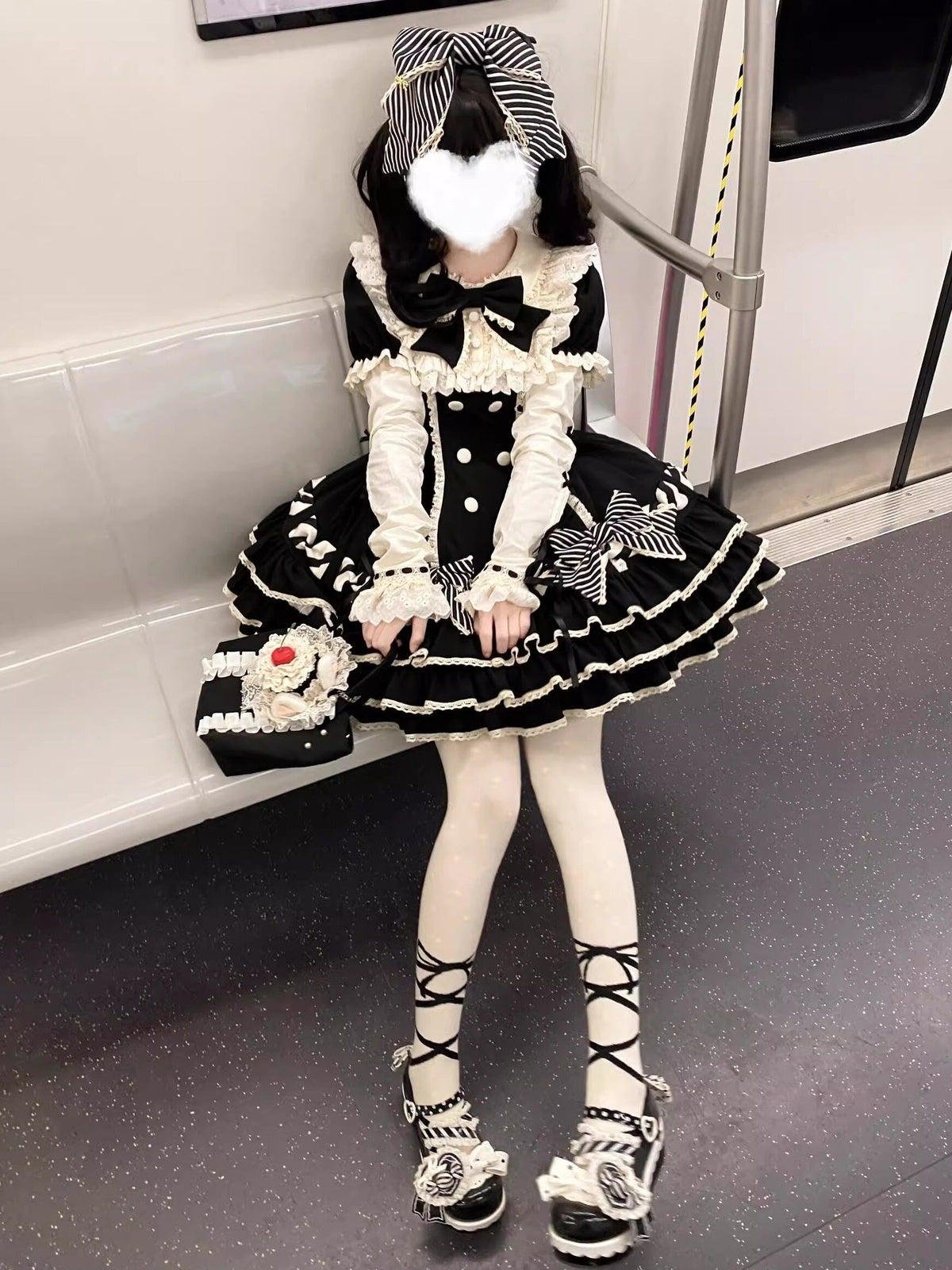 Black Stripe Sweet Lolita OP Dress Full Set with Hat & Detachable Sleeves