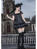 Striped Sweet Lolita Puff Skirt OP Set with Top Hat & Sleeves