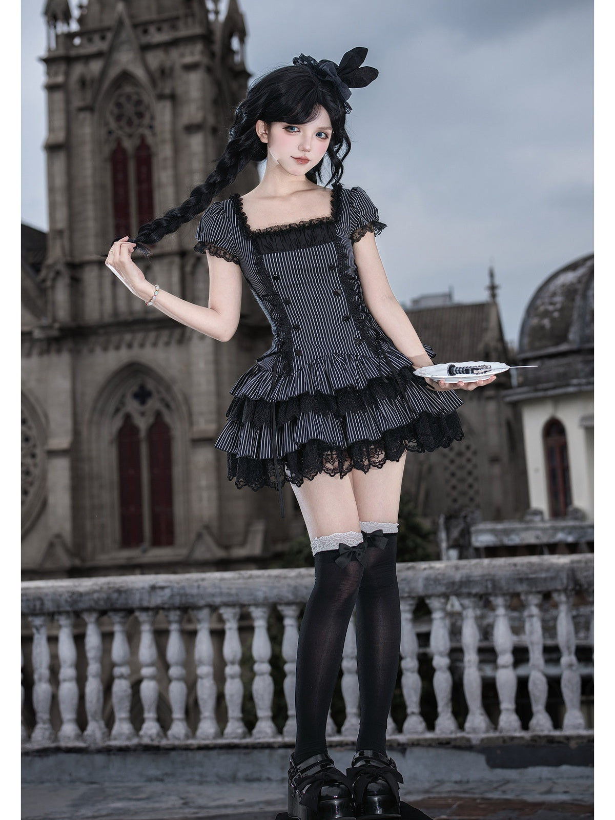Striped Sweet Lolita Puff Skirt OP Set with Top Hat & Sleeves