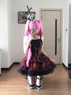 Gothic Punk Red Plaid Lolita Dress Set with Cardigan