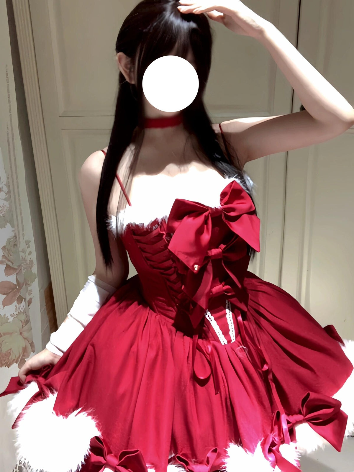 Red Christmas Lolita Dress Full Set with Winter Furry Cape