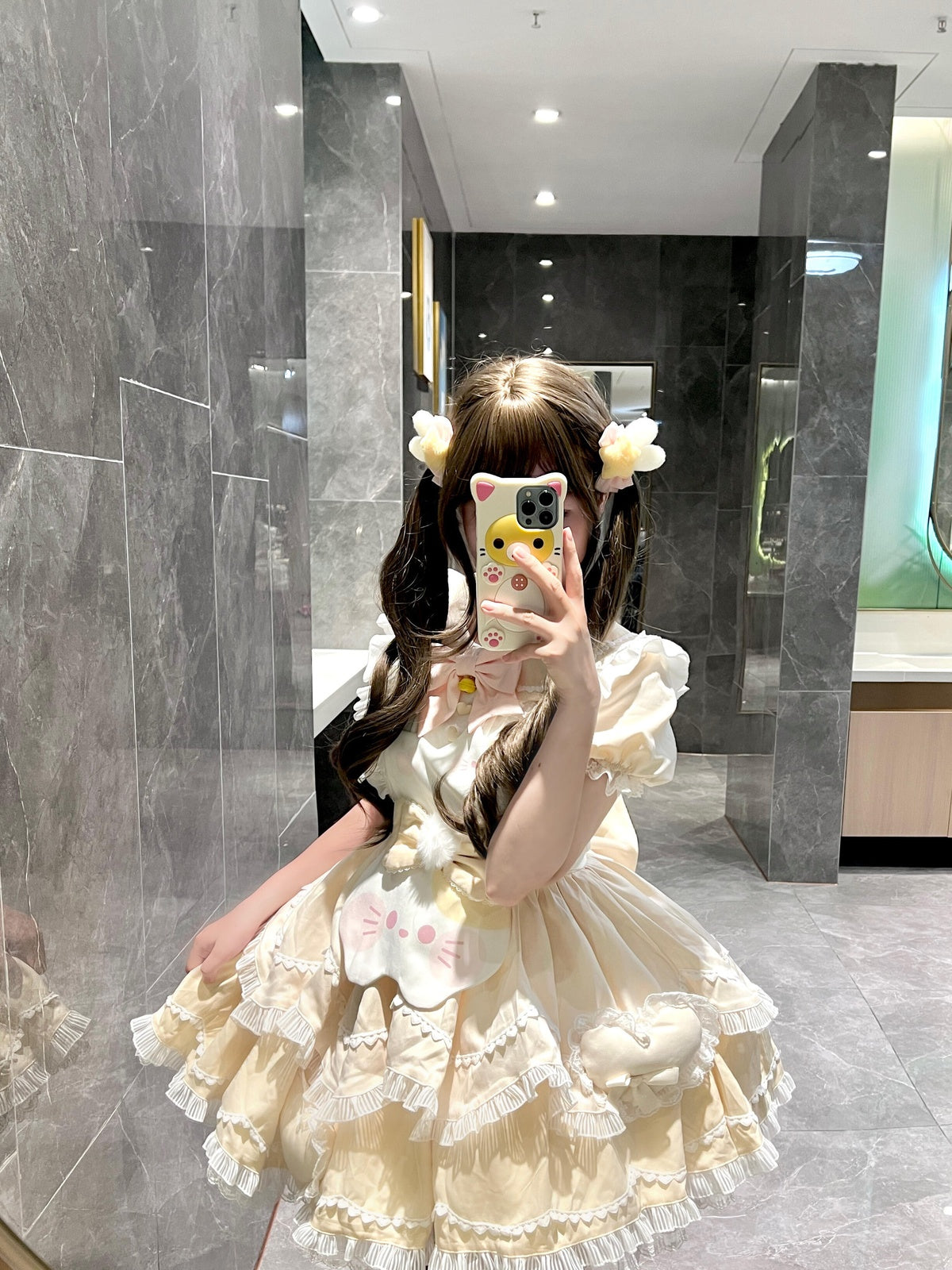 Apricot Yellow Sweet Cat Lolita Short Sleeve OP Dress Set with Apron