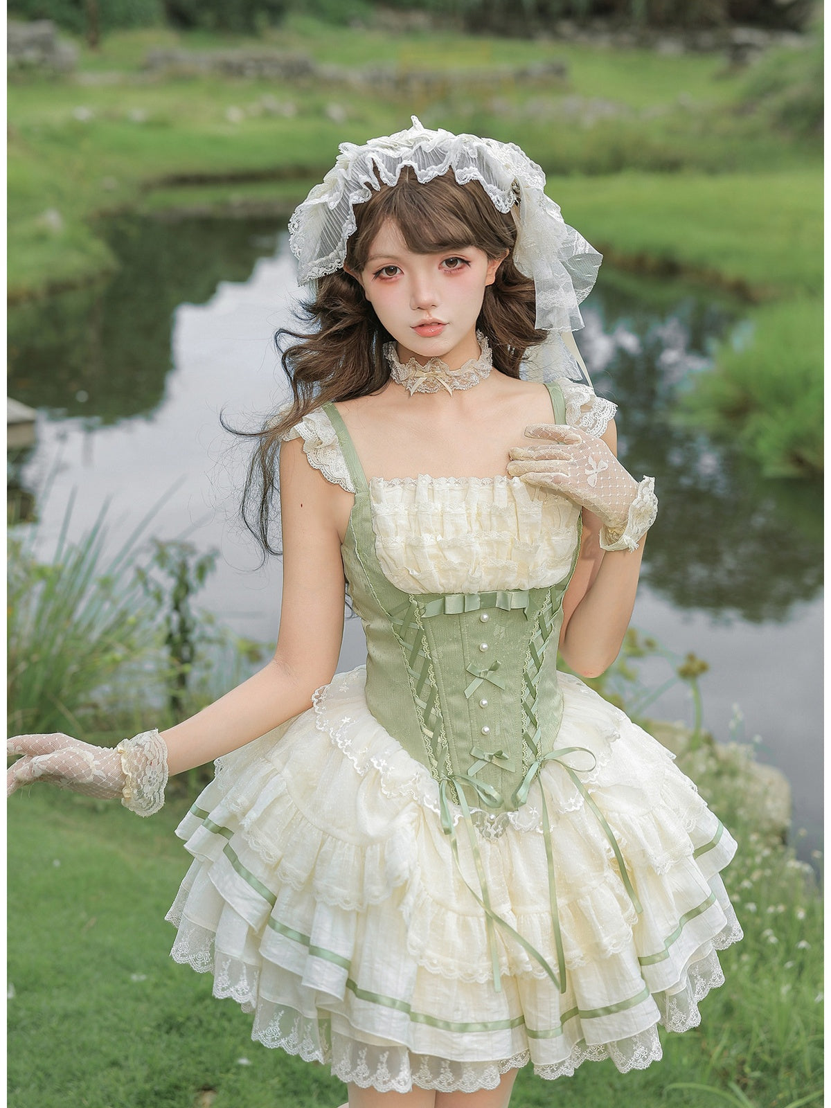 Short Dreamy Lolita JSK Set with Sleeves, Veil & Necklace