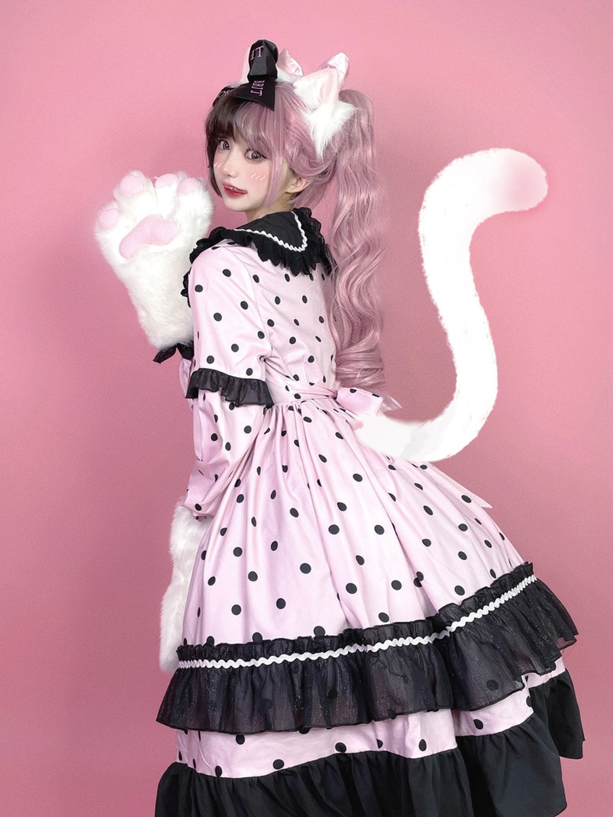 Black & Pink Polka Dot Sweet Lolita OP Long Sleeve Dress