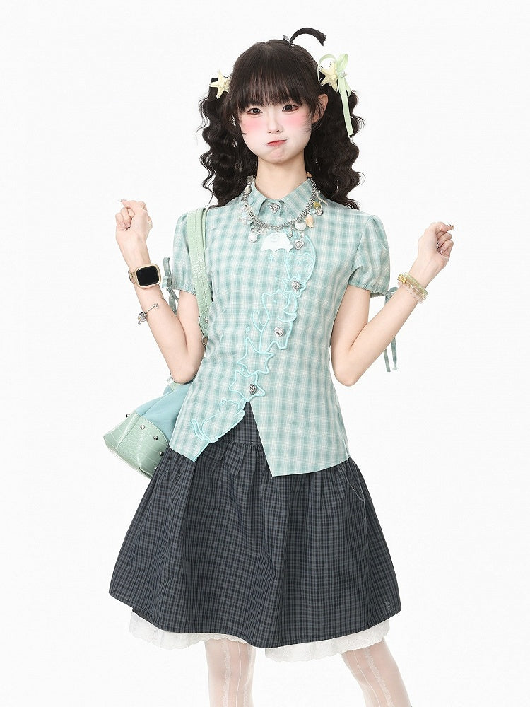 Green Plaid Short Sleeve Shirt with Kitty Embroidery - Languid Park | CoyBunny
