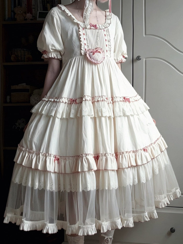 Cream Layered Ruffle High Waist Sweet Lolita Dress with Tulle Hem - Bodhi Original Design | CoyBunny