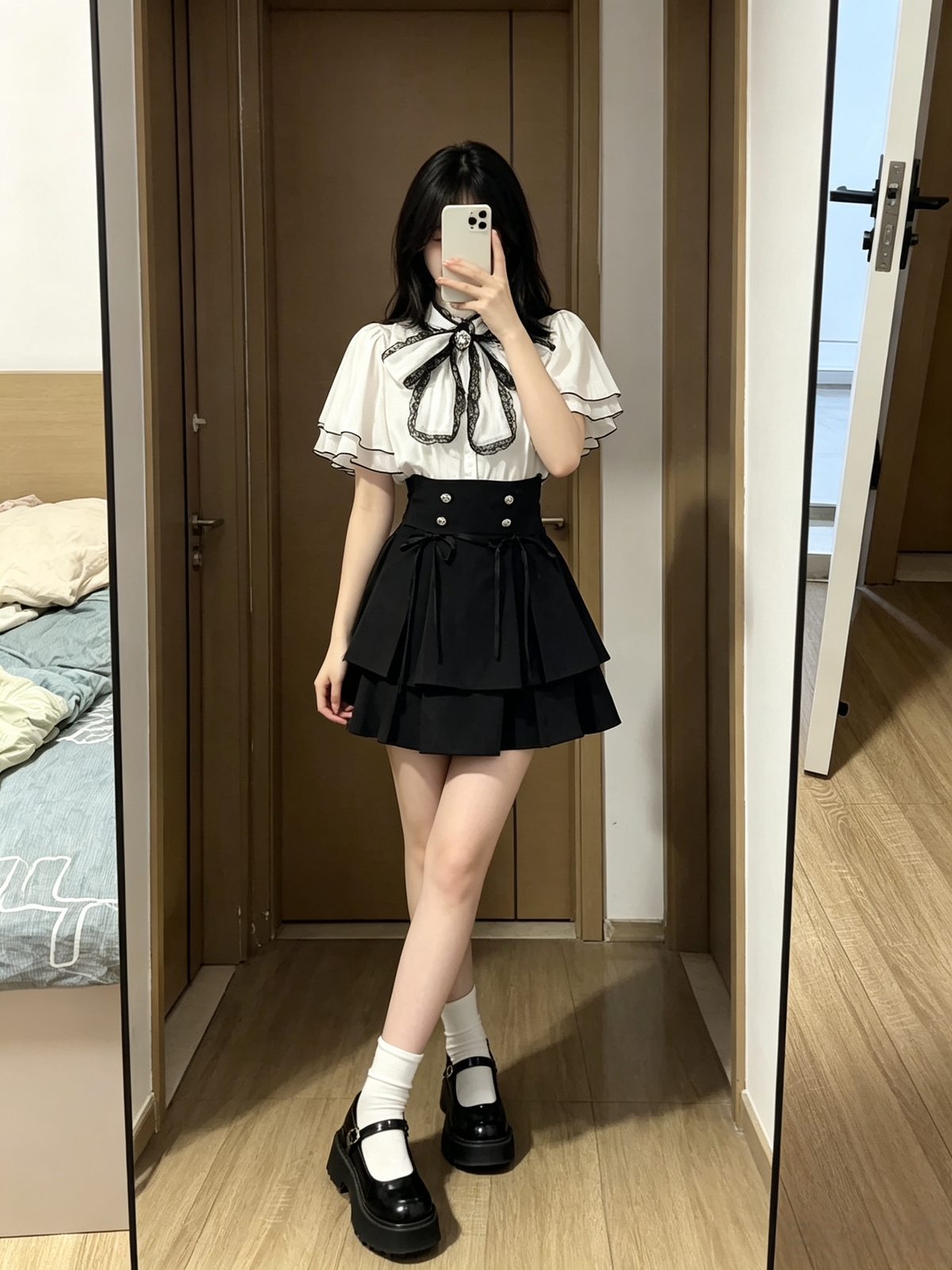 Cute White Jirai Kei School Girl Lolita Dress Short Sleeve Midi Skirt Set