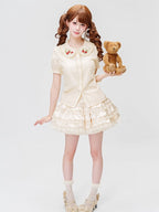 Cream Short Sleeve Lolita Blouse with Red Strawberry Embroidery Collar - Dream Magic Box | CoyBunny