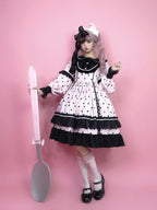 Black & Pink Polka Dot Sweet Lolita OP Long Sleeve Dress