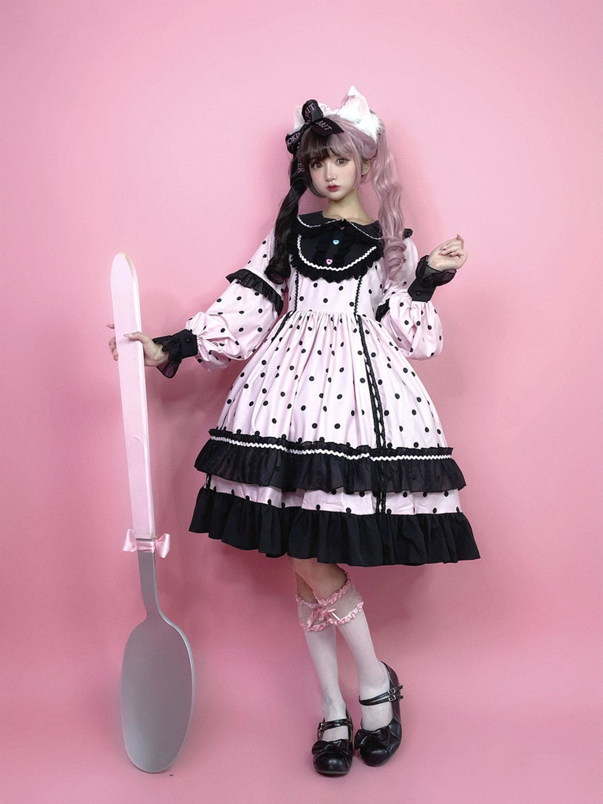 Black & Pink Polka Dot Sweet Lolita OP Long Sleeve Dress