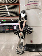 Black Stripe Sweet Lolita OP Dress Full Set with Hat & Detachable Sleeves