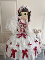 White & Red Doll JSK Lolita Dress with Back Bow & Headband