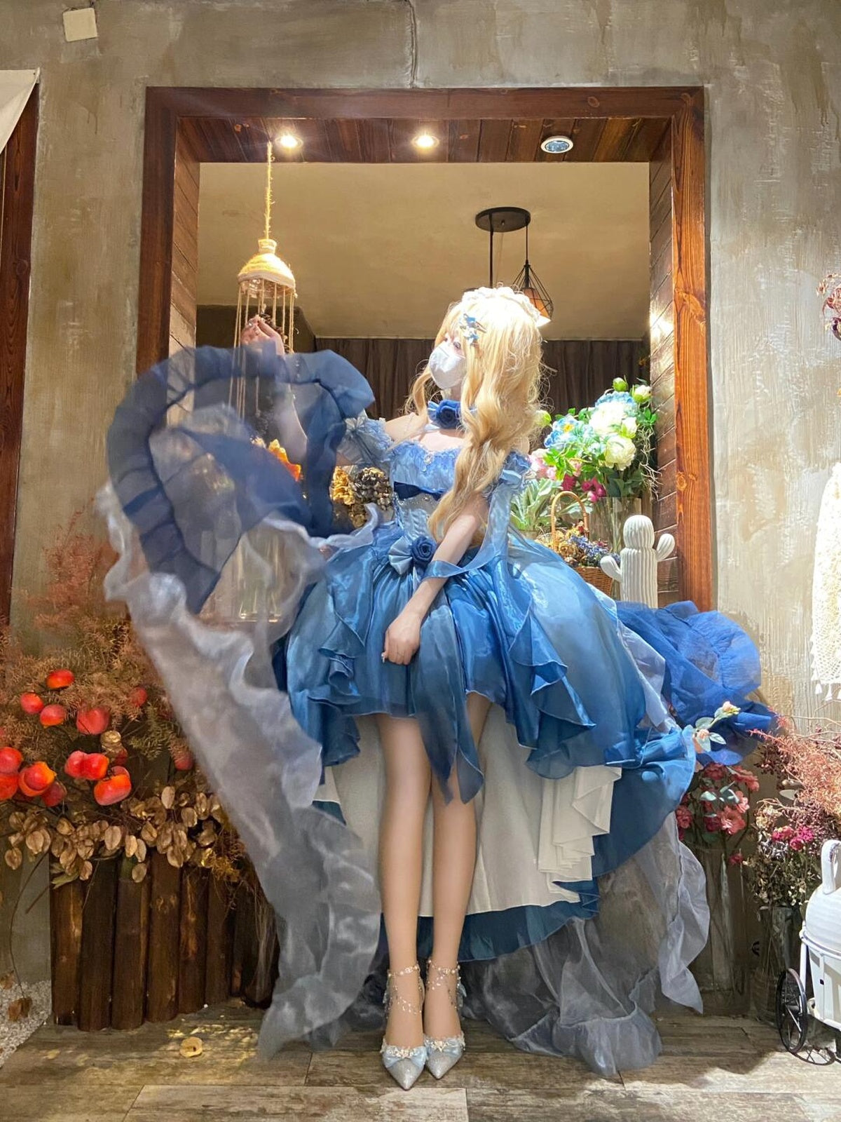 Blue Floral Wedding Lolita High-Low Dress Set with Long Train