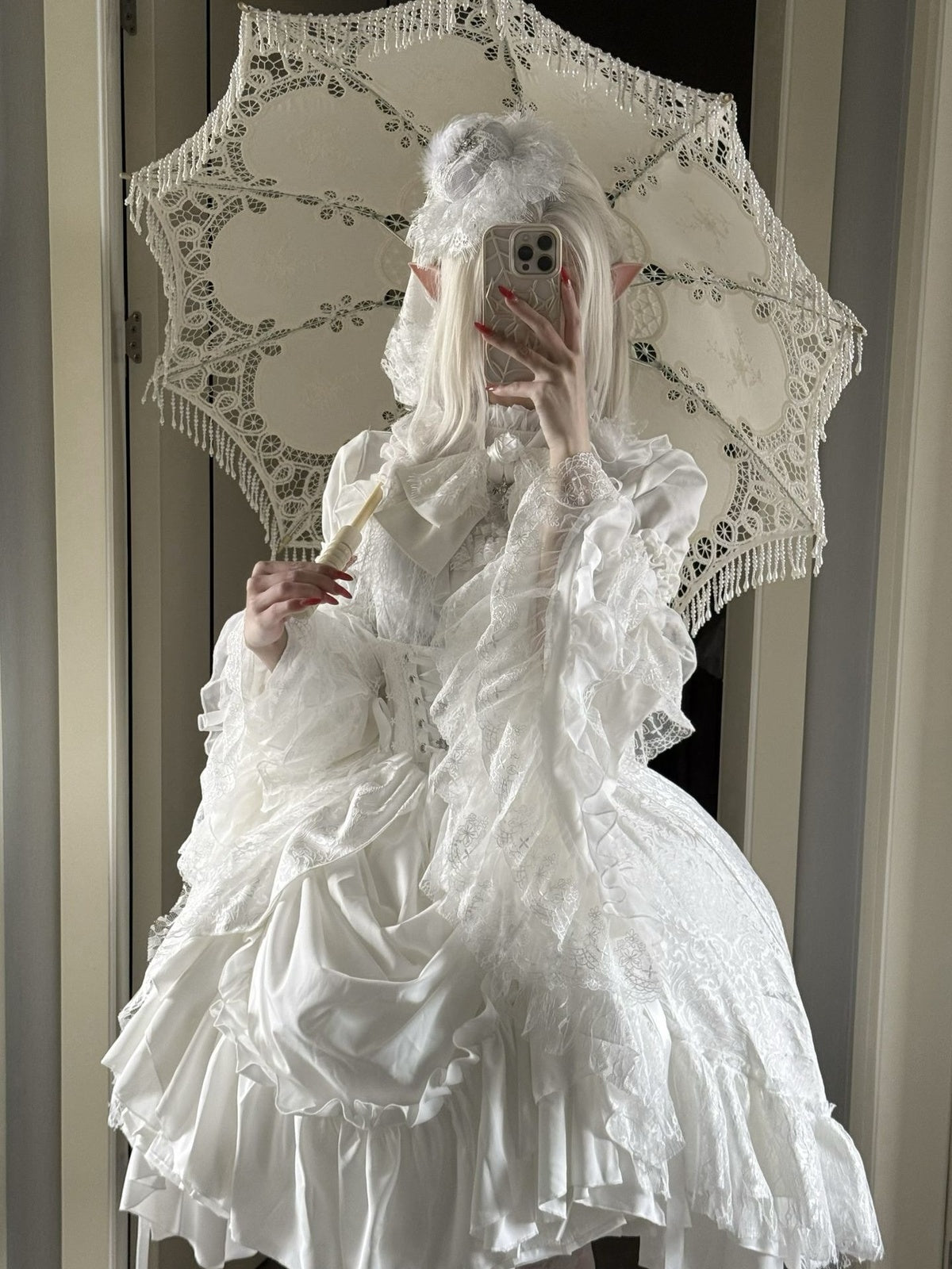White Gothic Lolita Dress Set - Long Sleeve Halloween Cosplay Outfit