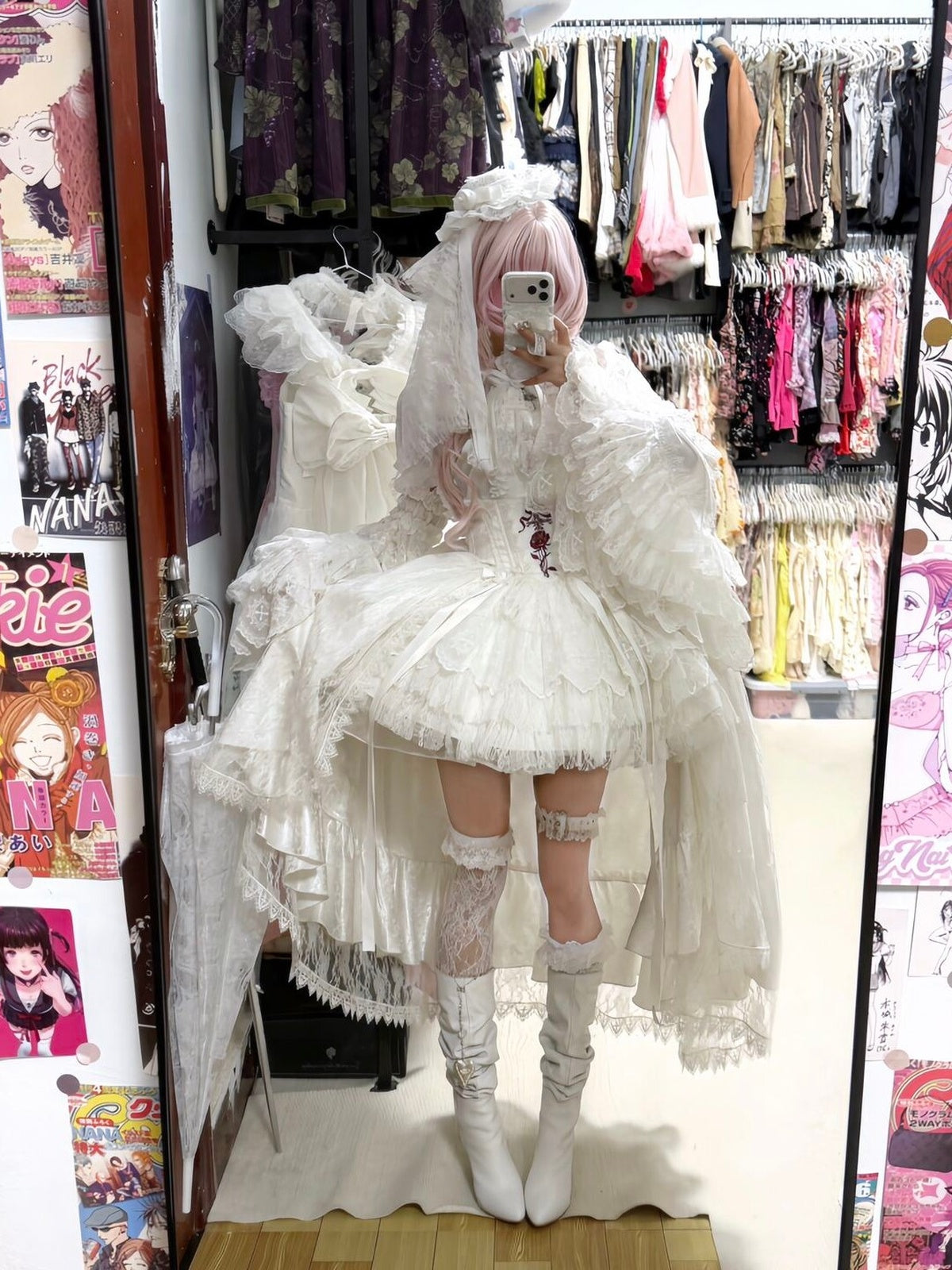 Gothic Lolita Cross & Thorns Dress Set - White Long Sleeve Outfit