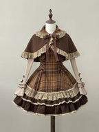 Brown Plaid Lolita Dress Set with Vintage Cape & Long Sleeve Blouse