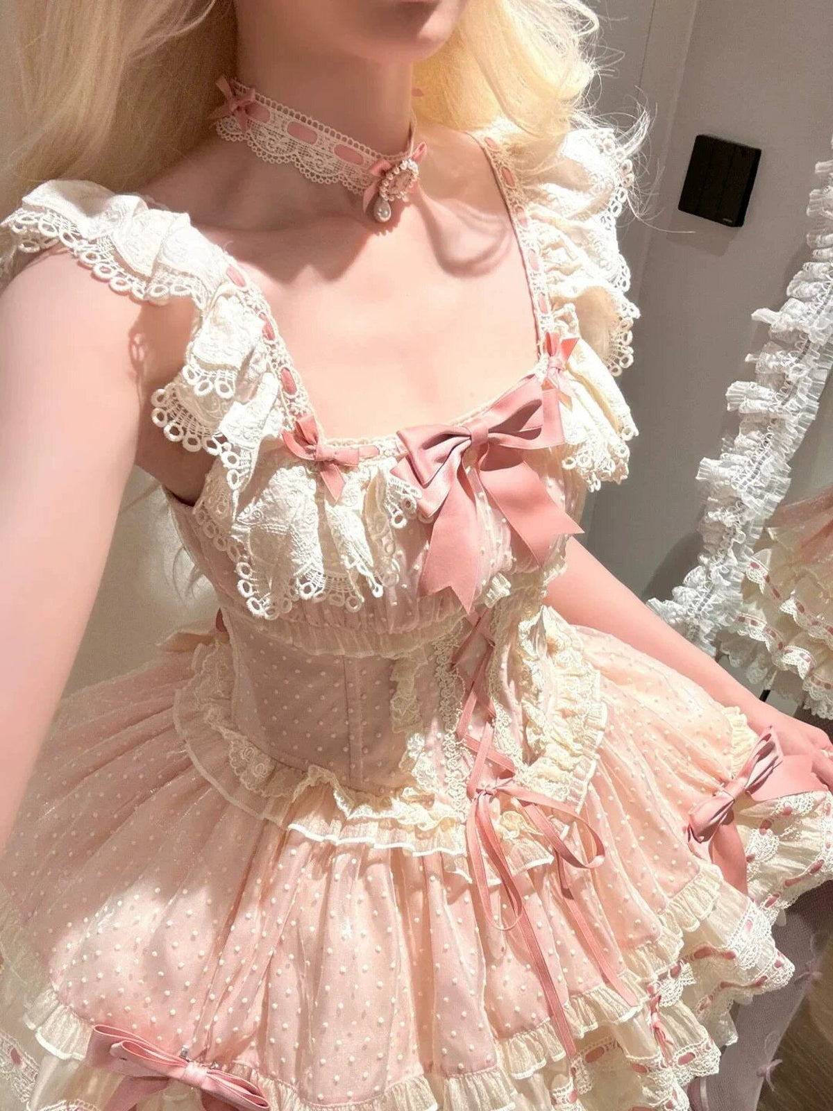 Pink Balletcore Lolita JSK Dress Full Set with Petticoat
