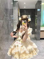 Apricot Yellow Sweet Cat Lolita Short Sleeve OP Dress Set with Apron