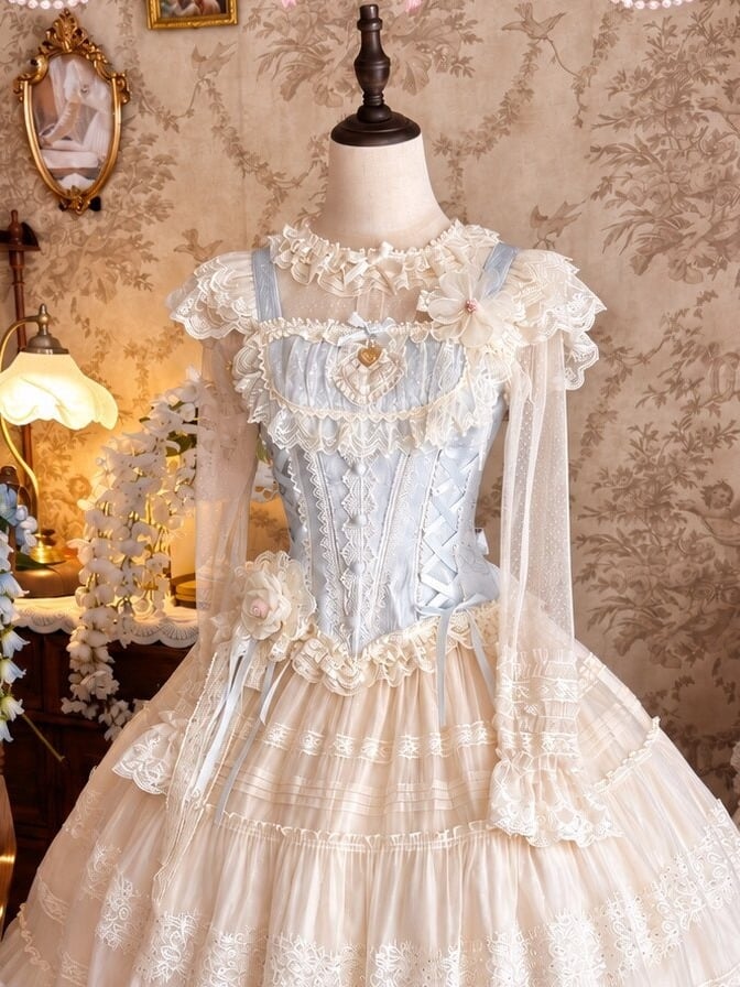 Princess Top & Skirt Set with Lace, Floral, Blue & White Sweet Lolita - Twilight Flower Letter | CoyBunny