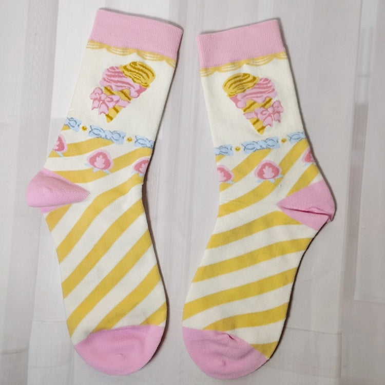 Sweet Lolita Striped Calf Socks with Bowknots in Pink and Yellow | CoyBunny