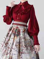 Wine Red Vintage Flounce Hem Elegant Lolita Blouse with Puff Sleeves | CoyBunny
