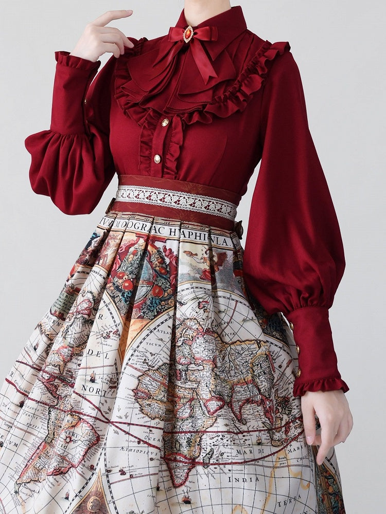 Wine Red Vintage Flounce Hem Elegant Lolita Blouse with Puff Sleeves | CoyBunny