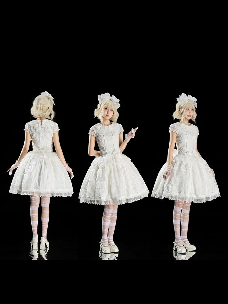 Elegant Ivory Floral Lace Applique Short OP Dress with Sash - Sleepless Unanswered | CoyBunny