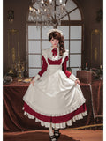 Red Elegant Maid Lolita OP Set with Apron, Necktie & Headband