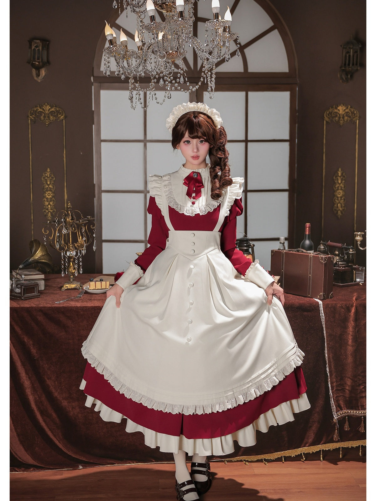 Red Elegant Maid Lolita OP Set with Apron, Necktie & Headband