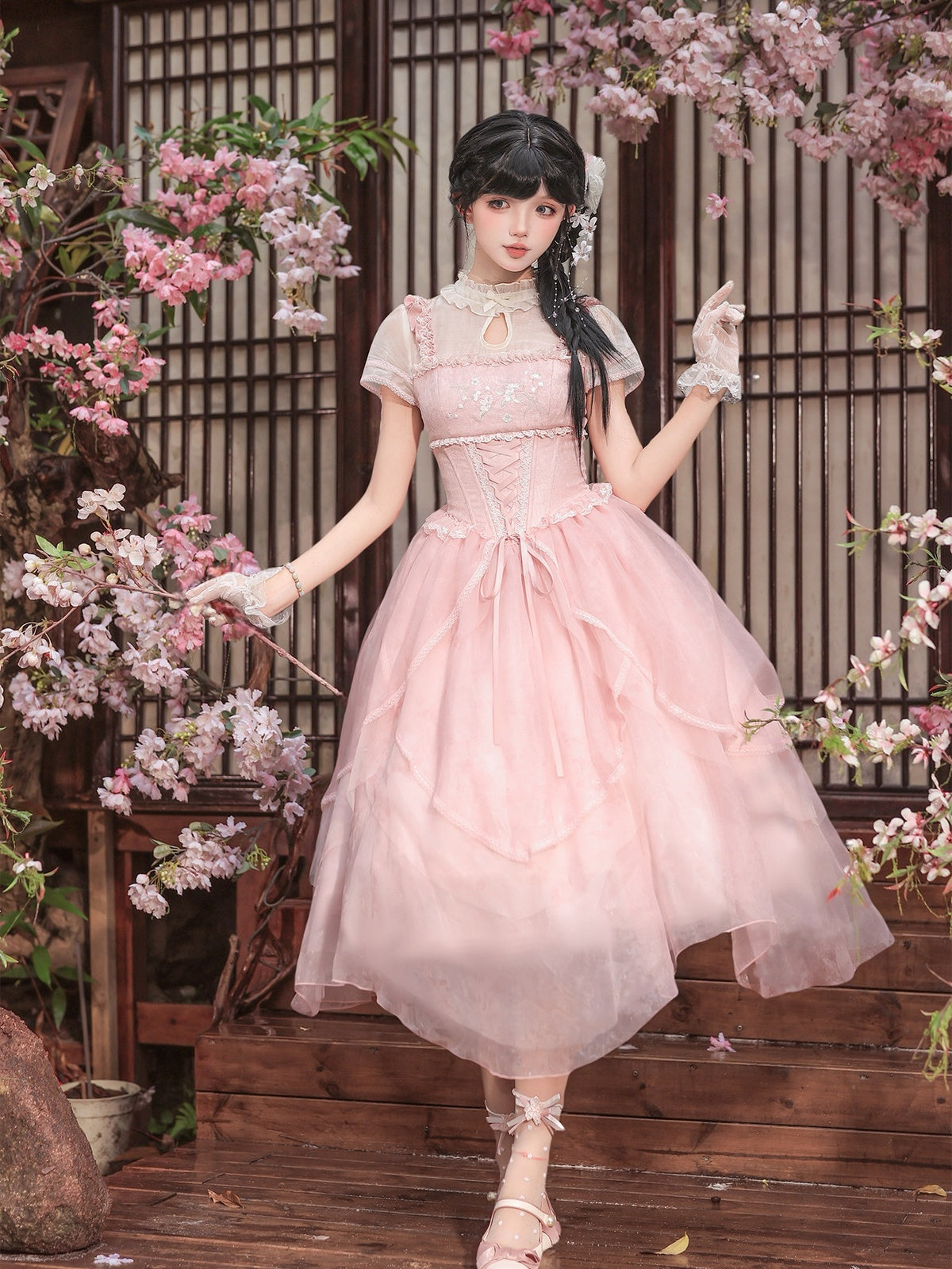 Pink Chinese Style Lolita Petal Hem Print OP with Lift-Up Skirt