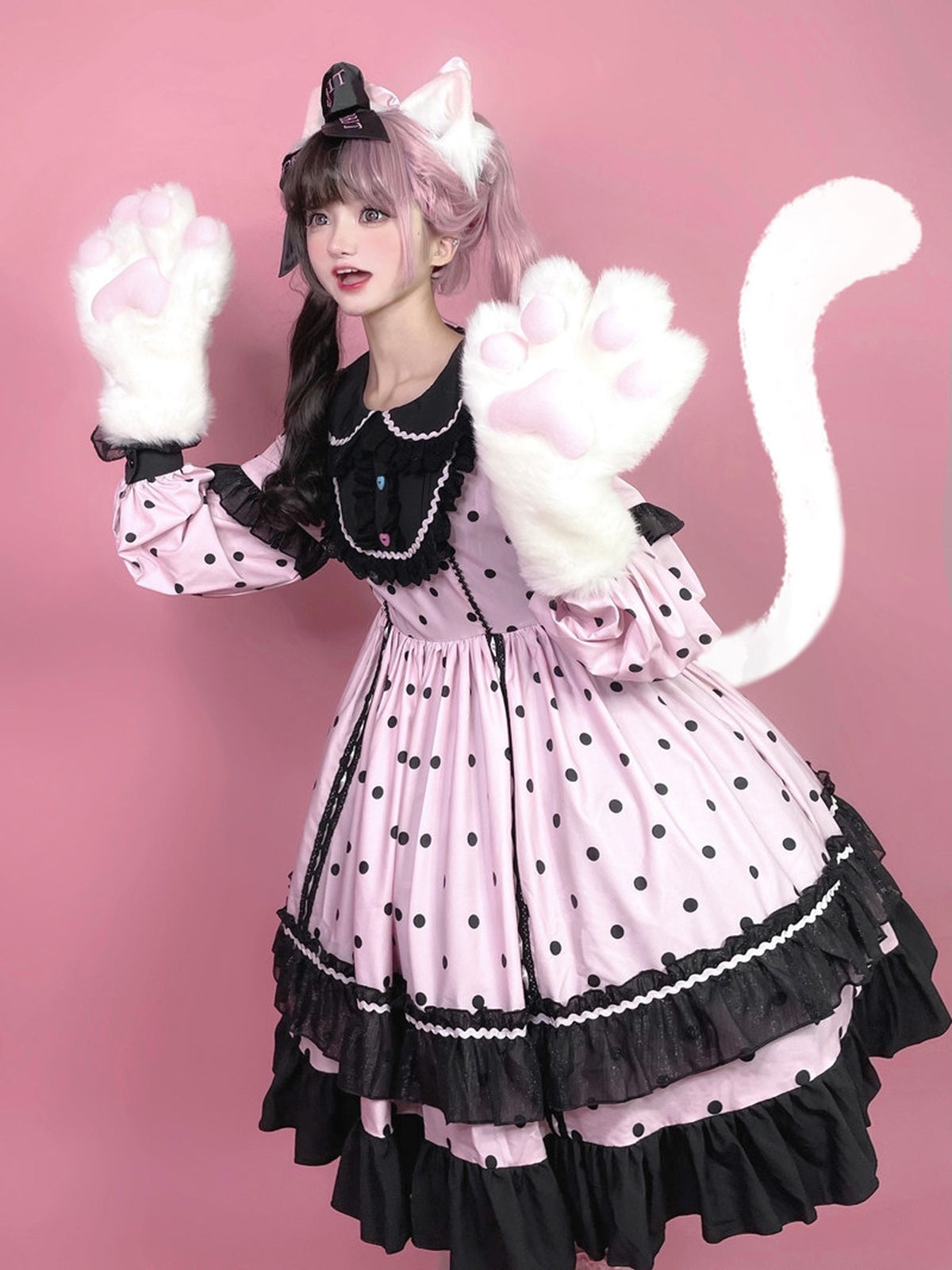 Black & Pink Polka Dot Sweet Lolita OP Long Sleeve Dress