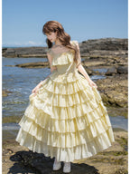 Yellow Square Neck Lolita Dress Set with Seven-Tier Ruffles