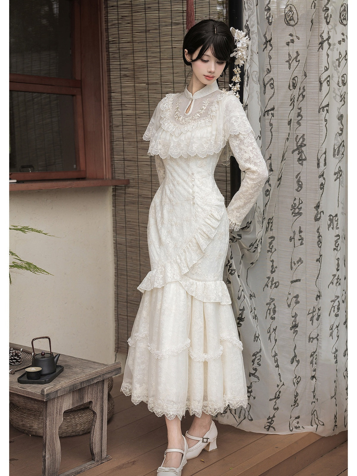 Off-White Embroidered Mermaid Cheongsam Lolita Set with Choker