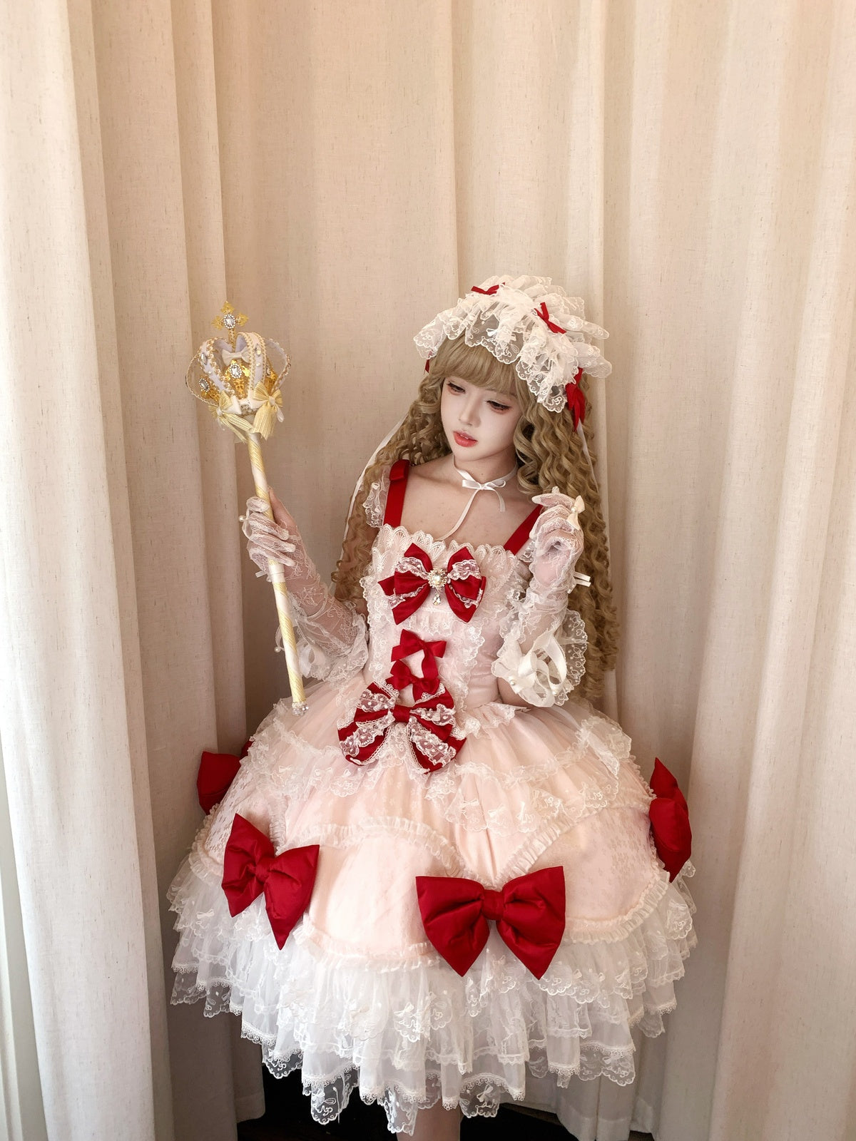 Pink Lolita JSK Suspender Dress with Train & Headband