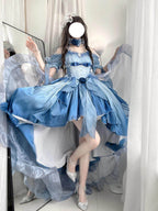 Blue Floral Wedding Lolita High-Low Dress Set with Long Train