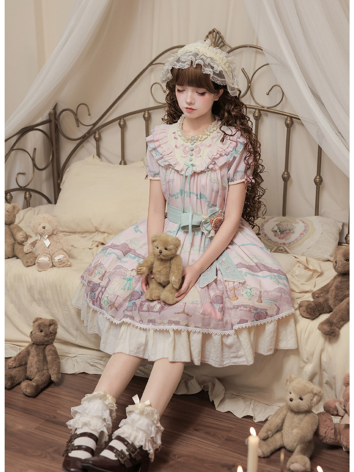 Cinnamon Pink Doll Lolita Bear Print OP Set with Bonus Accessories