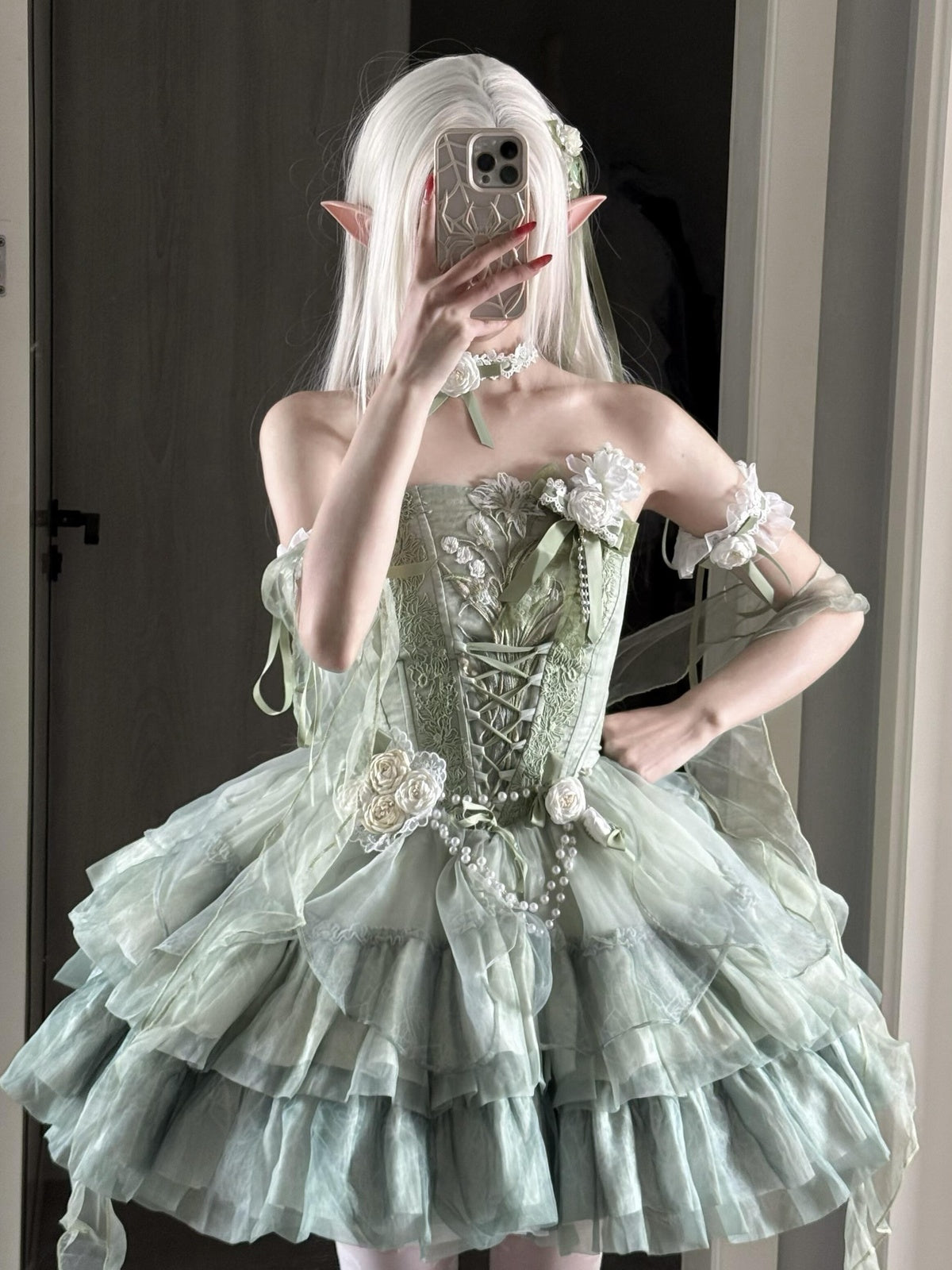 Green Forest Wizard of Oz Lolita Wedding Dress Full Set with Train