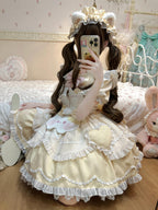 Apricot Yellow Sweet Cat Lolita Short Sleeve OP Dress Set with Apron
