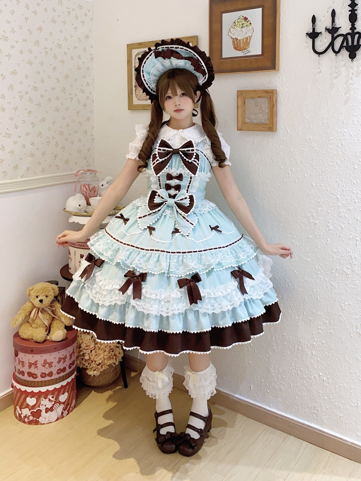 Mint Chocolate Lolita JSK Dress Set with Bonnet | Cute Gown