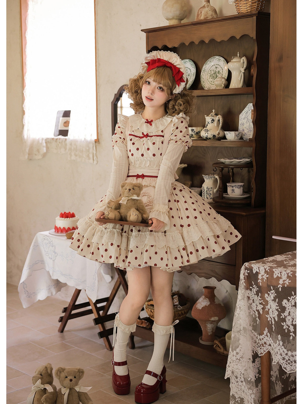 Short Doll Lolita Cotton Print OP Set with Apron & BNT