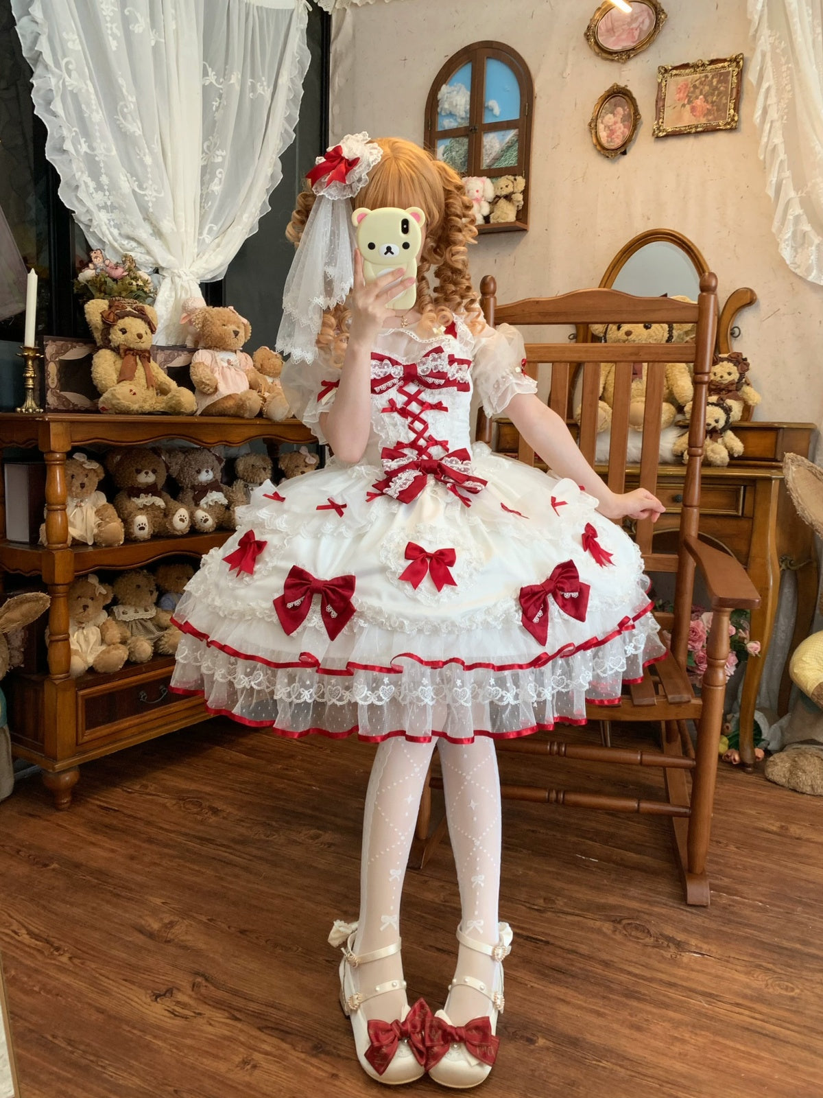 Red & White Lolita JSK Dress with Back Bow & Veil | Strappy Gown