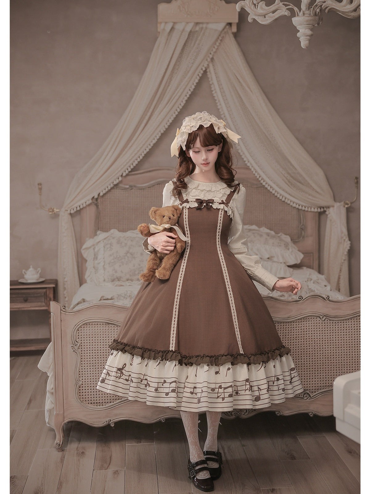 Coffee Print Lolita JSK Dress with Adjustable Straps & Ruffle Hem