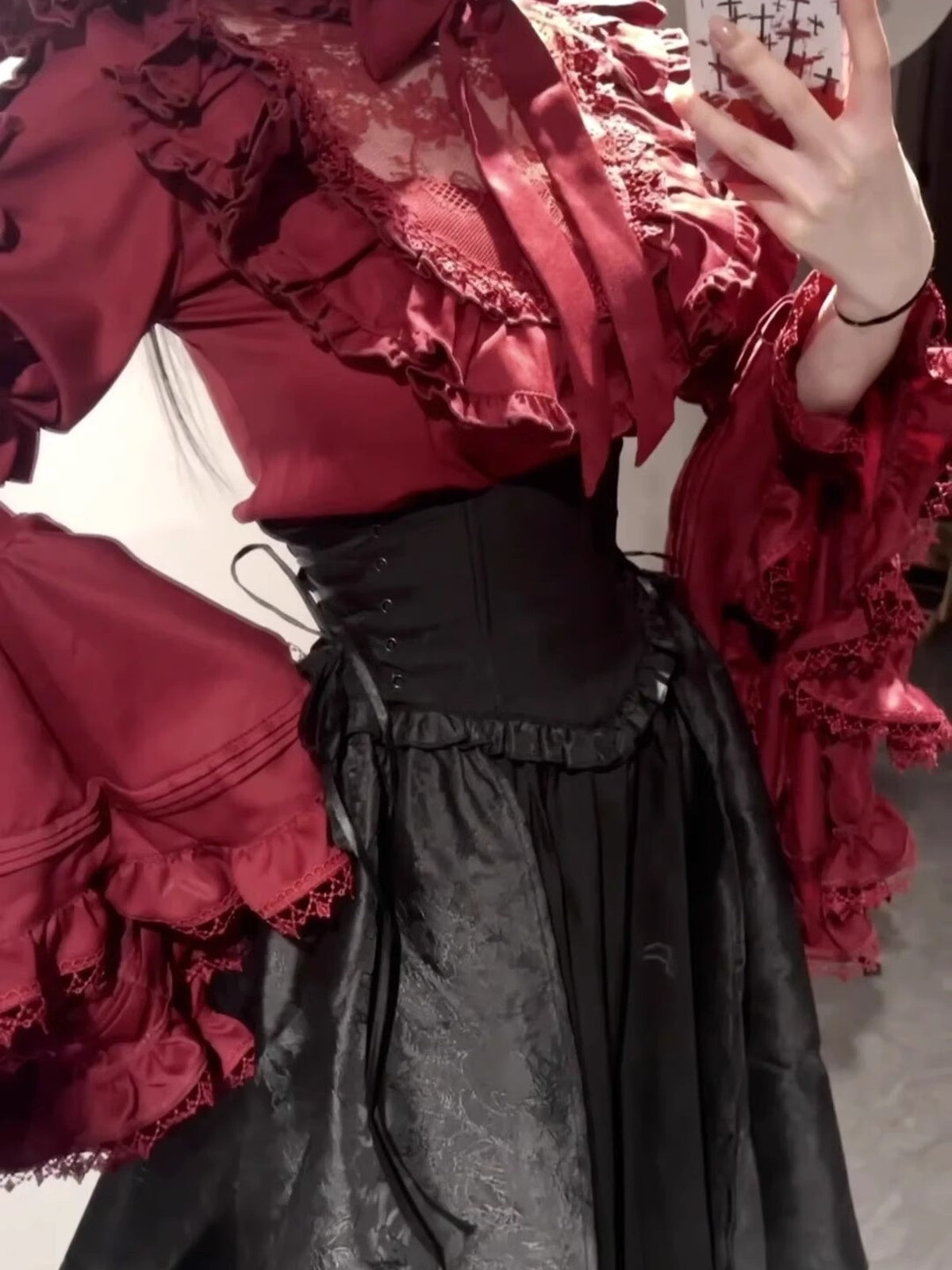Gothic Red Black Lolita Dress Set with Hime Sleeve Blouse & SK