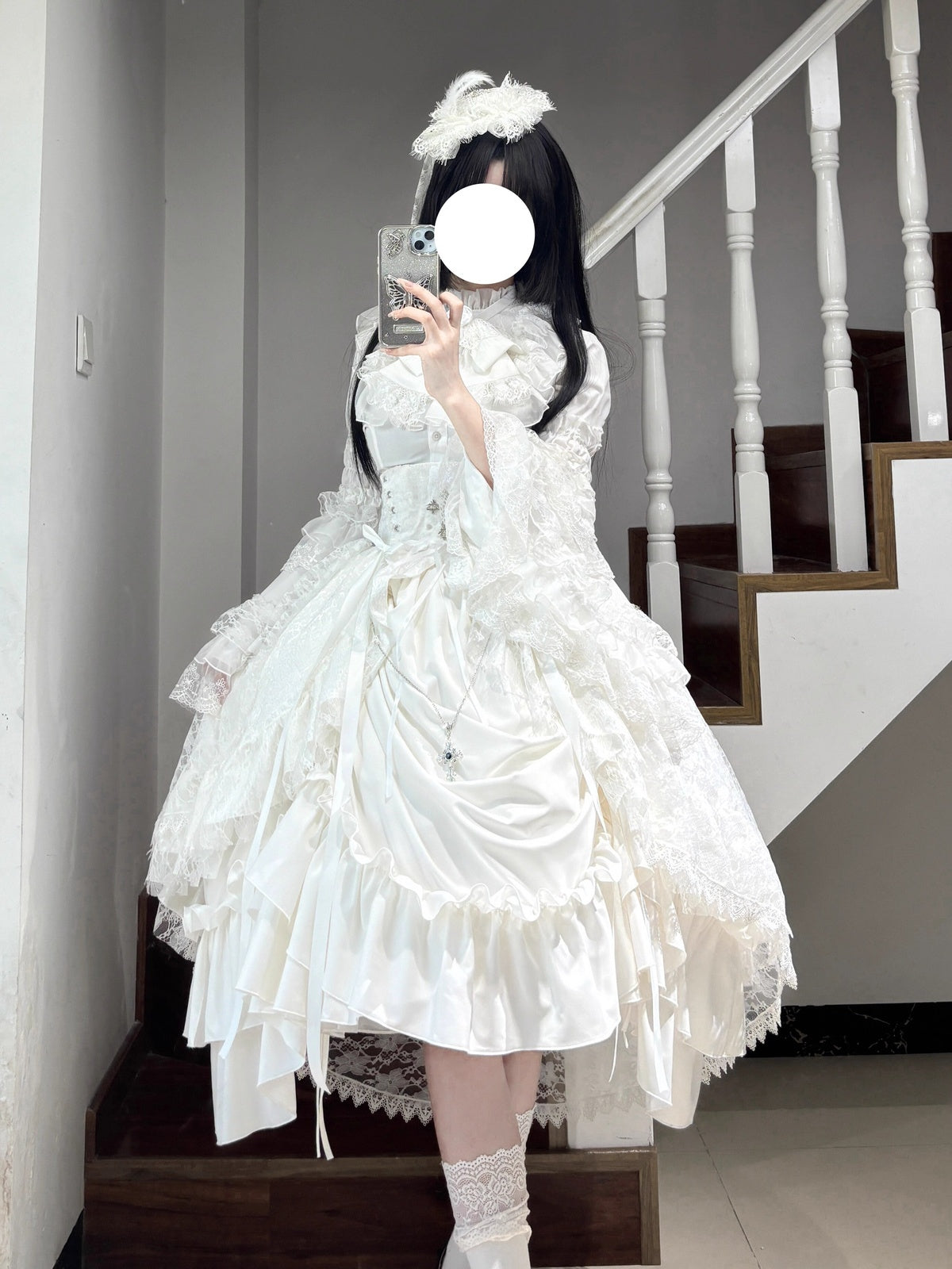 White Princess Lolita Dress Set with Blouse, Corset & Petticoat