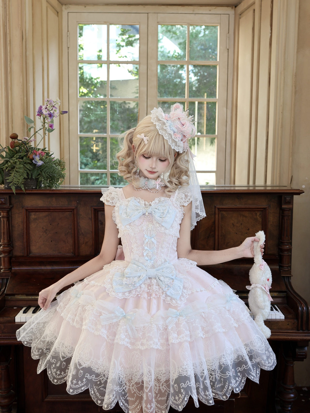 Pink Ballet Lolita JSK Dress with Crown Veil & Necklace