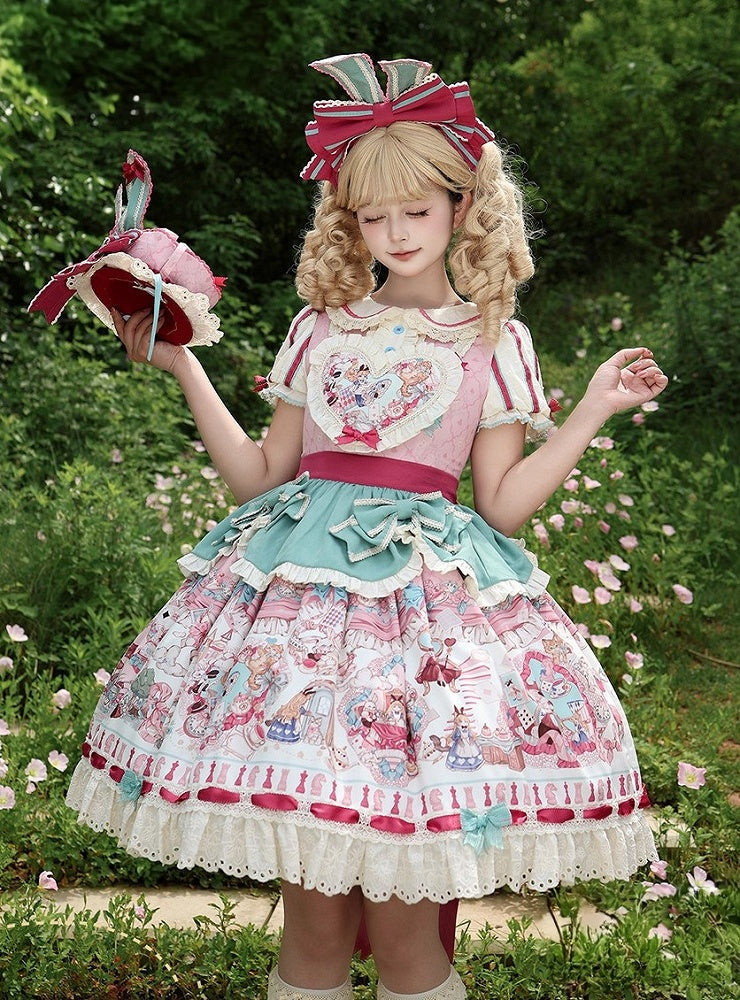 Pink & Green Alice Cat Vibes Heart-shaped Patch Sweet Lolita Dress with Apron Belt - Mewroco | CoyBunny