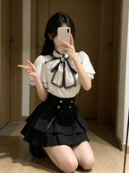Cute White Jirai Kei School Girl Lolita Dress Short Sleeve Midi Skirt Set