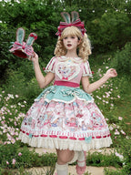 Pink & Green Alice Cat Vibes Heart-shaped Patch Sweet Lolita Dress with Apron Belt - Mewroco | CoyBunny