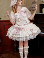 Beige & Pink Low Waist Dollcore Lolita OP Dress with Cat Print & Ribbon - Mirror Ragdoll | CoyBunny