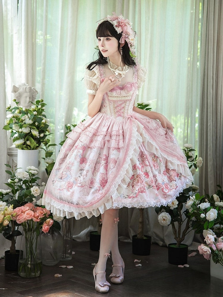 Pink Deer & Floral Print Flutter Sleeves Sweet Lolita JSK Dress with Overlay - Honey Machine | CoyBunny